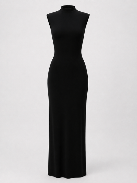 black mock neck maxi dress Black Drape Mock Neck Dress